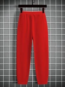 Manfinity Roughcore 男式字母图案抽绳腰运动裤，男式红色慢跑裤，男式红色运动裤，男式慢跑裤，男式运动裤 - 紅色 - 查看 3