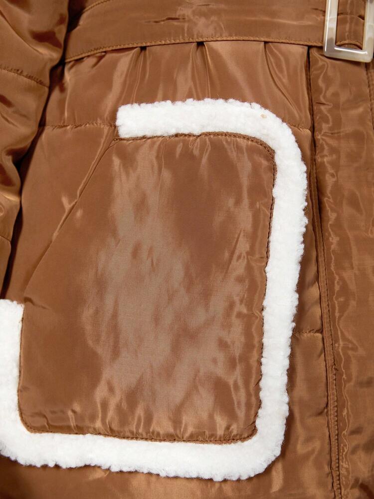 Tween Girl Double Pocket Drop Shoulder Hooded Belted Padded Coat