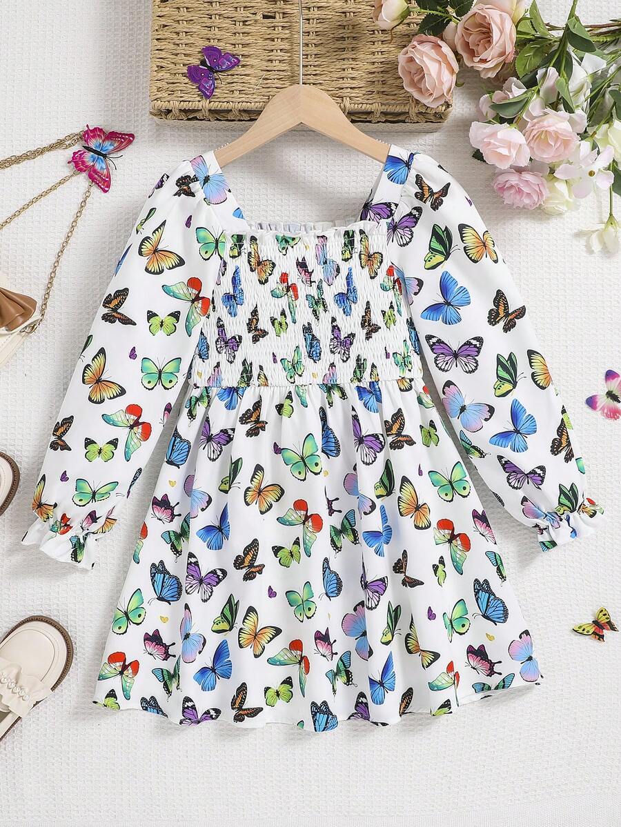 SHEIN Tween Girl Butterfly Print Flare Sleeve Dress