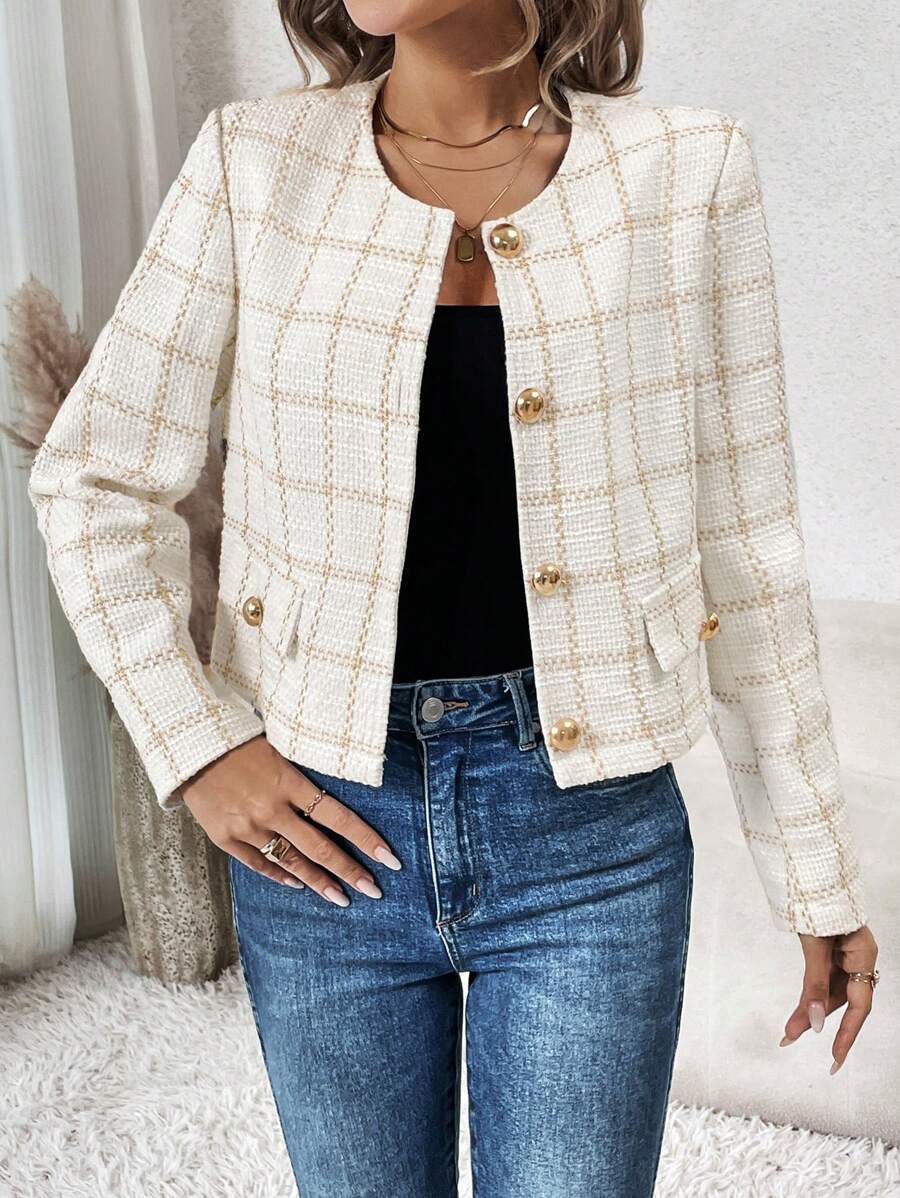SHEIN Clasi Plaid Print Button Front Jacket - Beige - View 1