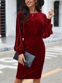 SHEIN Clasi Solid Lantern Sleeve Velvet Fitted Dress - Red - View 1