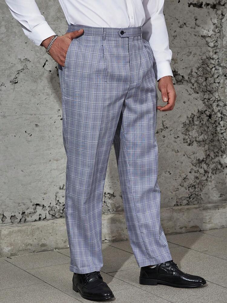 Men Plus Plaid Slant Pocket Suit Pants