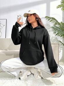 SHEIN Unity Đồ họa Khẩu hiệu Thả vai Dây rút Lót nhiệt Hoodie - màu đen - Xem 2