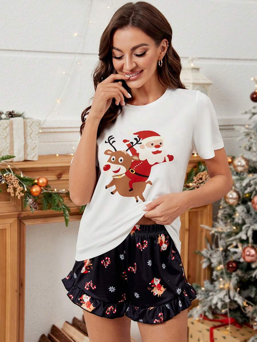 Christmas Print Tee & Ruffle Hem Shorts PJ Set