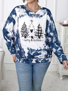 Calvaya Áo nỉ tay trễ vai in họa tiết nhuộm tie-dye chủ đề Giáng sinh, kiểu dáng mùa thu. - Màu xanh lam - Xem 6