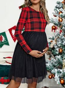 SHEIN Maternity Plaid Print Mesh Hem Dress - Red - View 5