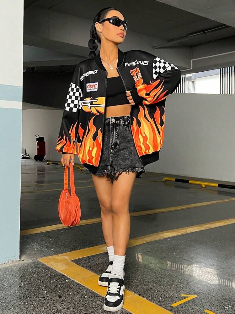 SHEIN Coolane Fire & Letter Graphic Drop Shoulder Jacket | SHEIN USA