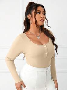 SHEIN Essnce 大碼半排扣條紋針織連身背心 - 杏色 - 查看 5