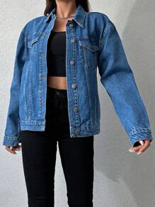 EURMUSE Flap Detail Drop Shoulder Denim Jacket - Blue - View 1