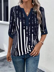 EMERY ROSE Striped Print Notched Neckline Blouse - Navy Blue - View 6