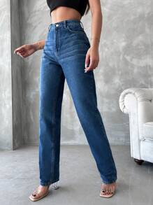 EURMUSE High Waist Straight Leg Jeans - Navy Blue - View 5