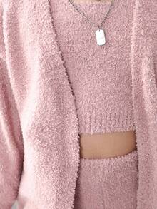 SHEIN Cô gái Tween Chất rắn Thả vai Áo len Duster & Áo len Áo ba lỗ & Quần dệt kim - Bụi hồng - Xem 3