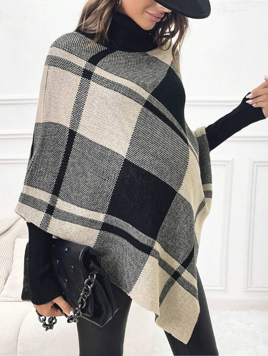 SHEIN 孕妇格子图案蝙蝠袖高领不对称下摆毛衣，适合冬季 - 彩色 - 查看 1