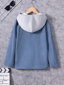 Tween Boy 1pc Pocket Patched Hooded Shirt - Dusty Blue - View 2
