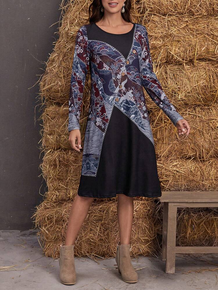 Crane Print Colorblock Tee Dress