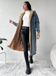 EURMUSE Flap Pocket Teddy Lined Denim Coat - Blue - View 3