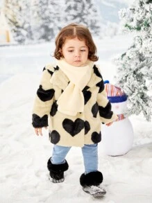 SHEIN Baby Girl Heart Pattern Teddy Coat - Black - View 4
