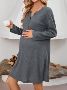 SHEIN Maternity Half Button Drop Shoulder Lounge Dress - Dark Grey - View 6