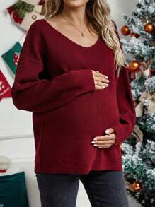 SHEIN Áo len trễ vai cổ chữ V dành cho bà bầu - Màu Đỏ Sâu - Xem 1