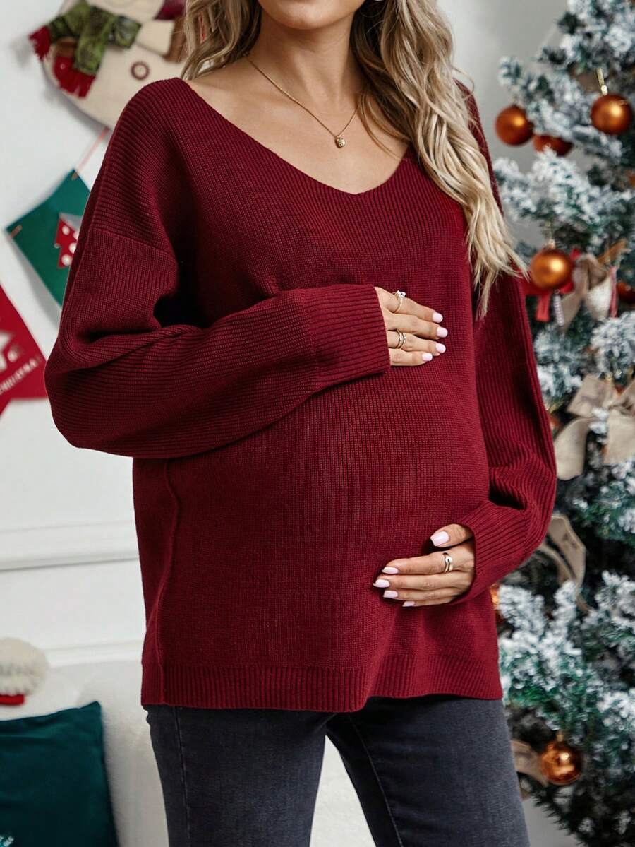 SHEIN Áo len trễ vai cổ chữ V dành cho bà bầu - Màu Đỏ Sâu - Xem 1