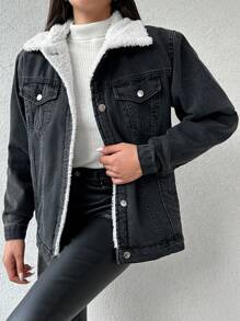 EURMUSE Borg Collar Teddy Lined Denim Jacket - Dark Grey - View 6