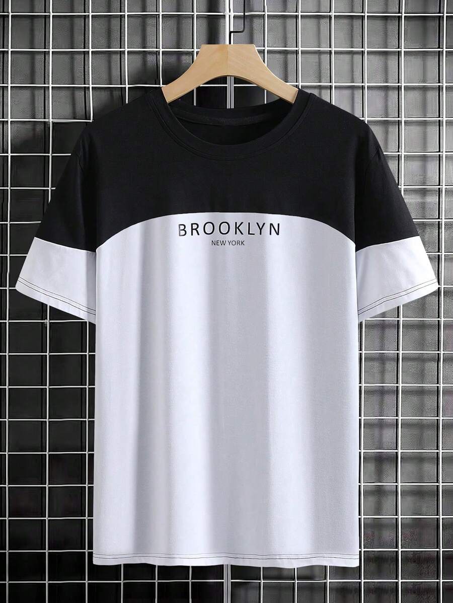 Manfinity Homme 男士字母圖案雙色T恤 - 黑與白 - 查看 1