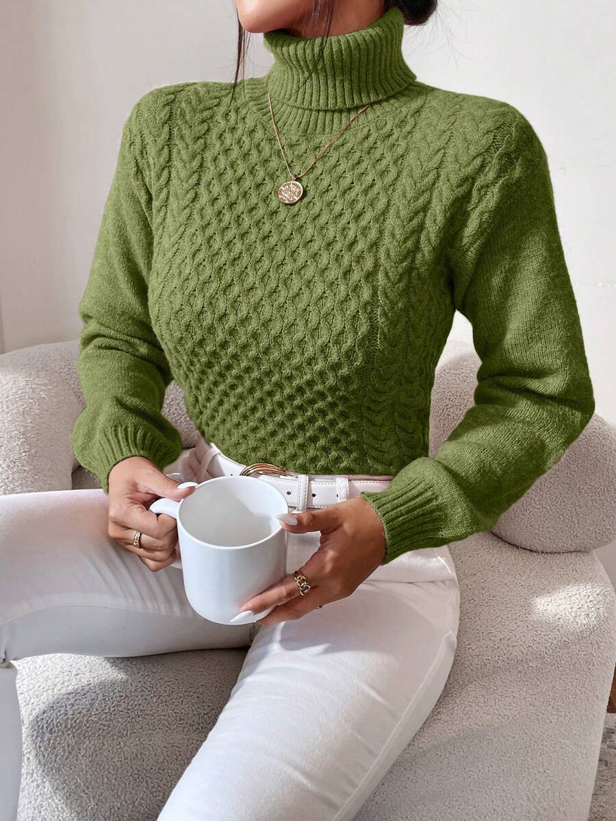 SHEIN Essnce Áo len dệt kim cổ lọ cho mùa thu/đông - màu xanh lá - Xem 1