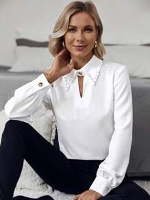 SHEIN Clasi 珍珠串珠鎖眼領襯衫 - 白色 - 查看 5