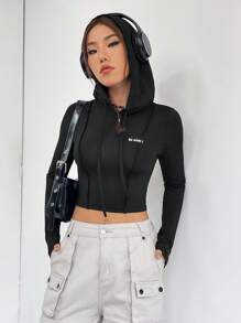 SHEIN EZwear 字母圖案抽繩短款連帽衛衣 - 黑色 - 查看 5