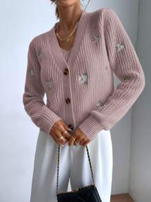 SHEIN Unity 花卉刺繡落肩袖開襟衫&針織上衣 - 藕粉色 - 查看 3