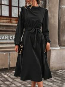 Chiquease 小高領燈籠袖繫腰帶洋裝 - 黑色 - 查看 6