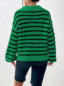 Flirla Suéter de punto con cremallera media y hombros caídos, con patrón de rayas, para otoño e invierno - Verde - Ver 2