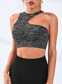 Easithlete Space Dye Asymmetrical Neck Crop Sports Bra - Dark Grey - View 1