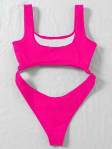 Swim SXY Summer Beach Cut Out Ring Linked One Piece Swimsuit - Hot Pink - View 2
