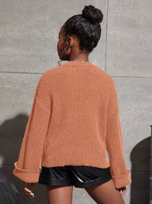 SHEIN 女大童素色落肩袖套頭毛衣 - 棕色 - 查看 2