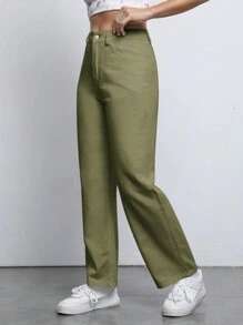 Muchica Solid Straight Leg Pants - Army Green - View 6