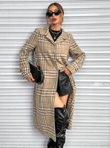 SHEIN Essnce Plaid Print Double Button Overcoat - Multicolor - View 3