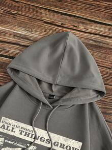 SHEIN EZwear 女裝復古字母印花連帽寬鬆運動衫，帶束繩 - 深灰色 - 查看 3