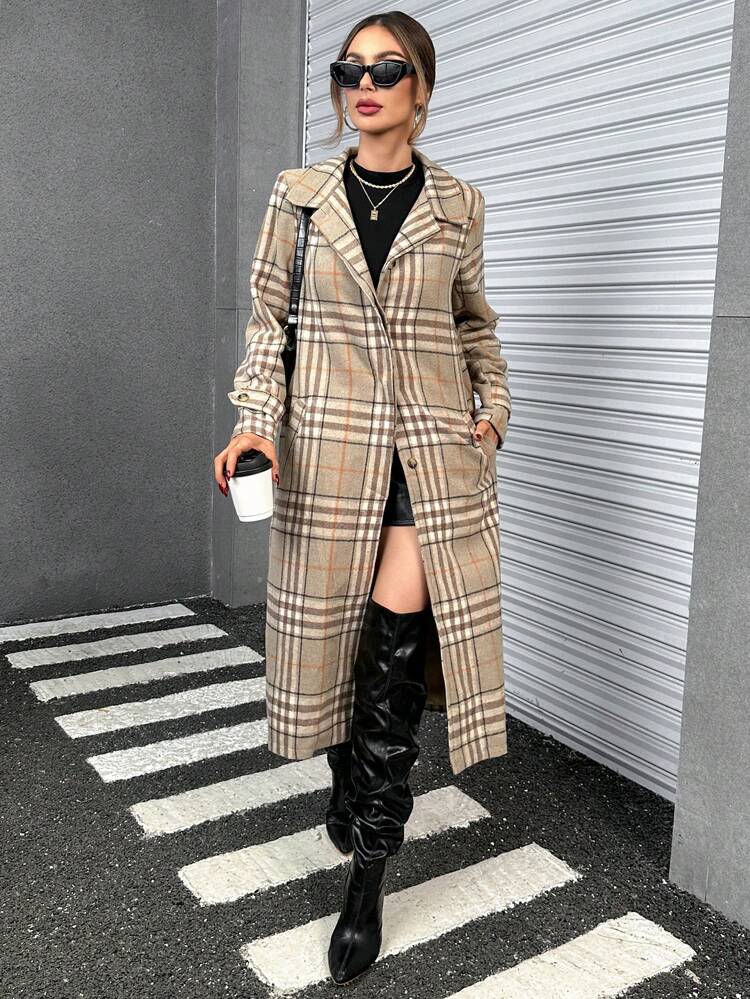 Plaid Print Double Button Overcoat