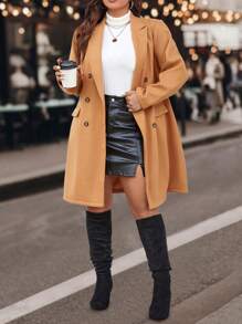 Calvaya Plus Lapel Neck Double Breasted Overcoat - Apricot - View 6