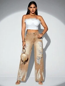 SHEIN SXY Graphic Print Ripped Wide Leg Jeans - Brown - View 2