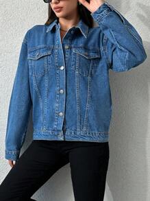 EURMUSE Flap Detail Drop Shoulder Denim Jacket - Blue - View 3