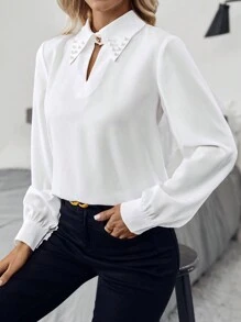 SHEIN Clasi 珍珠串珠鎖眼領襯衫 - 白色 - 查看 1