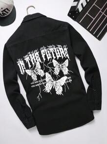 Manfinity LEGND Men Butterfly & Slogan Graphic Denim Shirt - Black - View 1