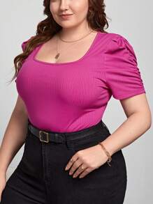 SHEIN Privé Plus Puff Sleeve Ribbed Knit Tee - Hot Pink - View 1