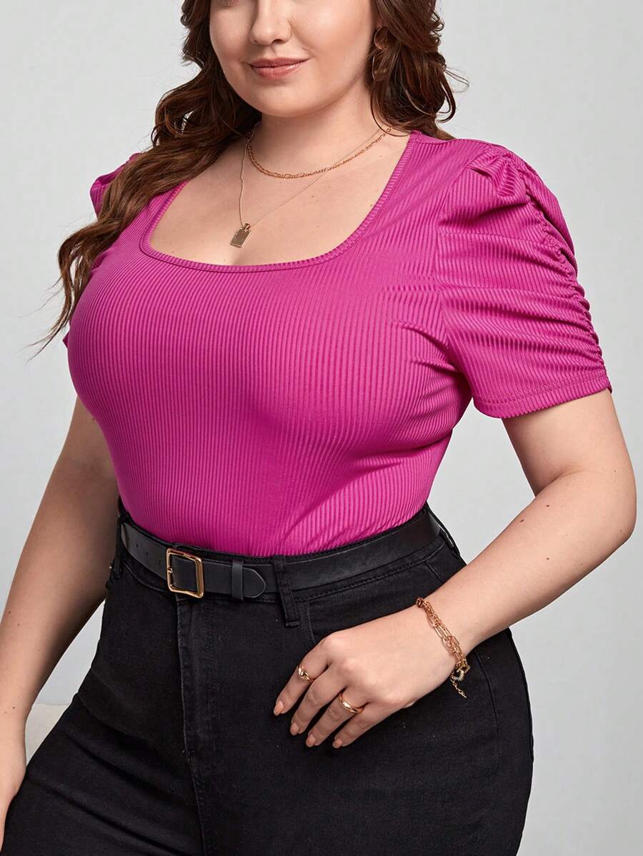 SHEIN Privé Plus Puff Sleeve Ribbed Knit Tee - Hot Pink - View 1