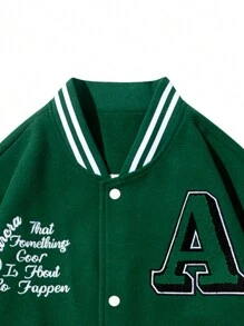 Men Slogan Graphic Striped Trim Colorblock Drop Shoulder Varsity Jacket - Green - View 4