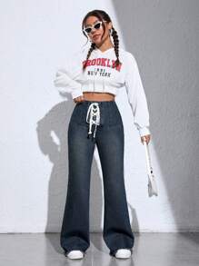 SHEIN EZwear 前繫帶牛仔喇叭褲 - 深色水洗藍 - 查看 4