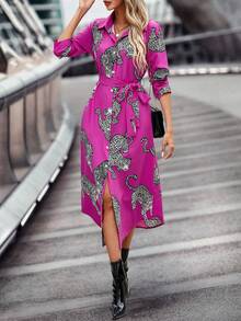SHEIN Clasi In hoa Báo Thắt lưng Váy sơ mi - Màu Hồng Tươi - Xem 5