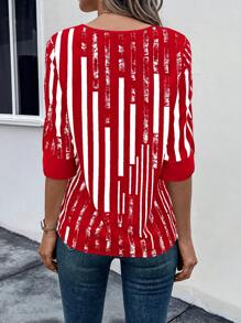 EMERY ROSE Striped Print Notched Neckline Blouse For New Year Clothes - Red - View 2